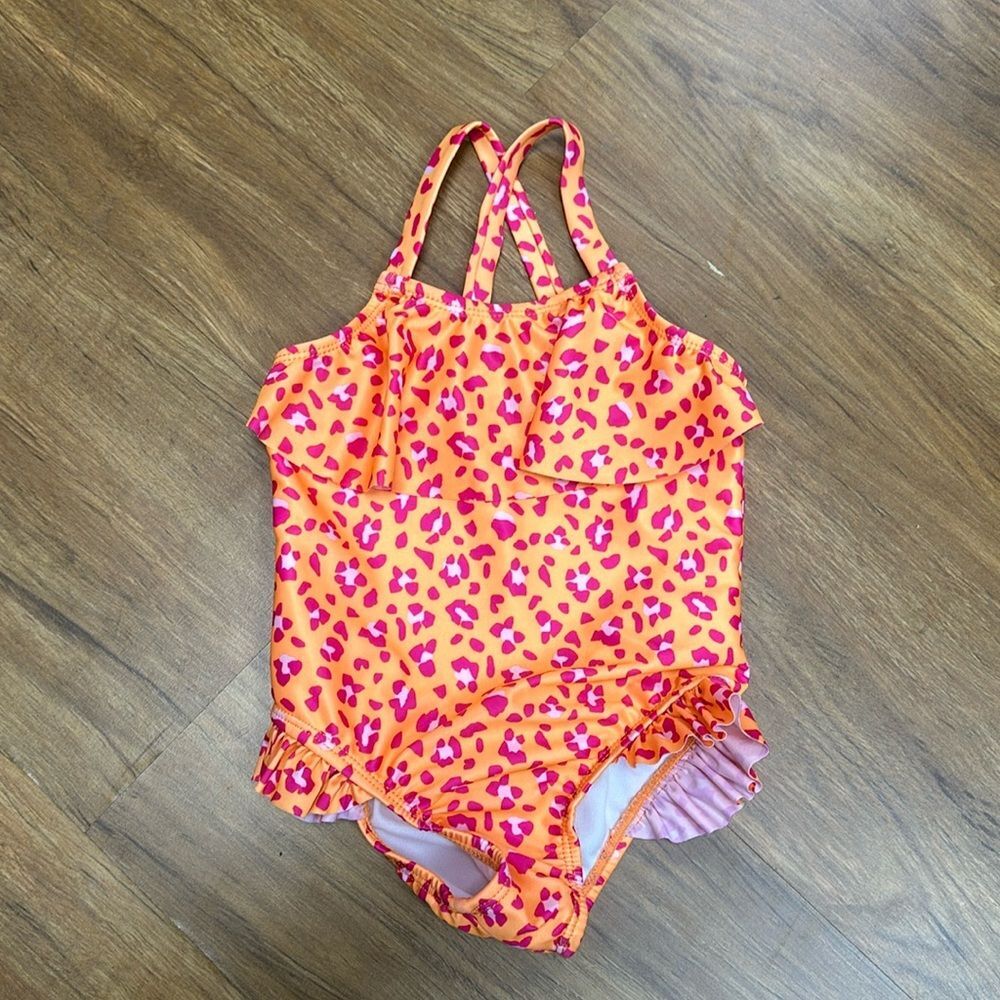 Wonder Nation orange with pink leopard print swimsuit Sz 2T